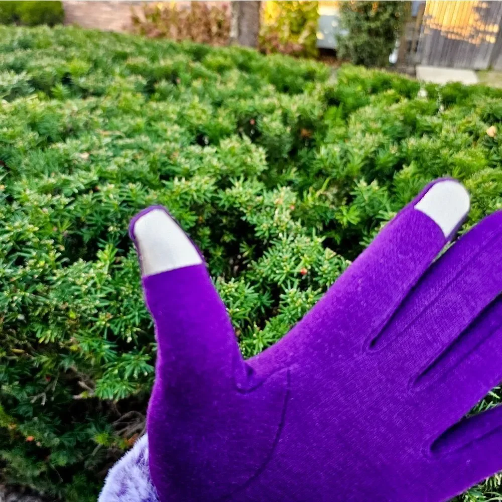 Purple Faux Fur Trim Text Capability Statement Gloves.